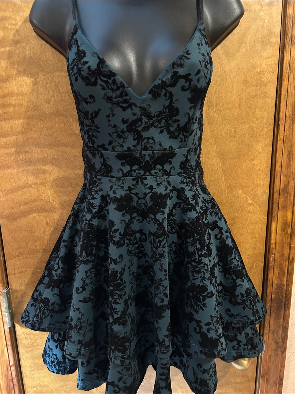 Windsor Teal and Black Flocked Fit & Flare Mini Dress